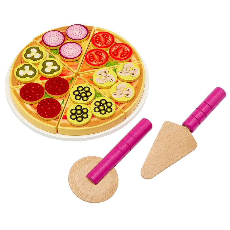 RoseArt Top 'N Serve Pizza: Real Wood Playset for Culinary Creativity with various toppings, a pizza cutter, and a server on a white background.