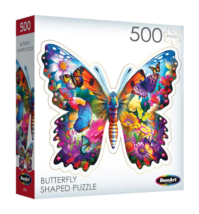 A box of the RoseArt - BIG SHAPED - Beautiful Butterfly - 500 Piece Jigsaw Puzzle featuring a colorful butterfly design made by RoseArt with various vibrant floral and butterfly patterns.