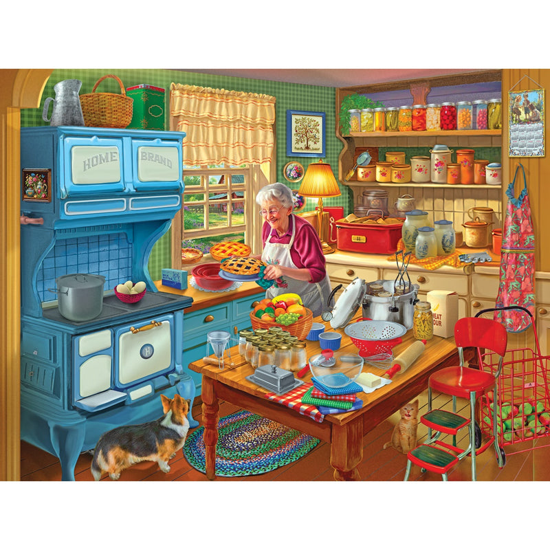 An elderly woman bakes pies in a colorful, vintage-style kitchen. Various condiments and utensils are visible. A dog stands near the stove, and sunlight streams through the window.