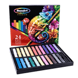 A box of RoseArt 24 ct Premium Soft Pastel Sticks, containing 24 different colors arranged in a tray. The box features a colorful chameleon design and includes the text "Pigment Rich" on the front.
