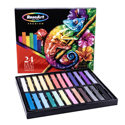 A box of RoseArt 24 ct Premium Soft Pastel Sticks, containing 24 different colors arranged in a tray. The box features a colorful chameleon design and includes the text "Pigment Rich" on the front.