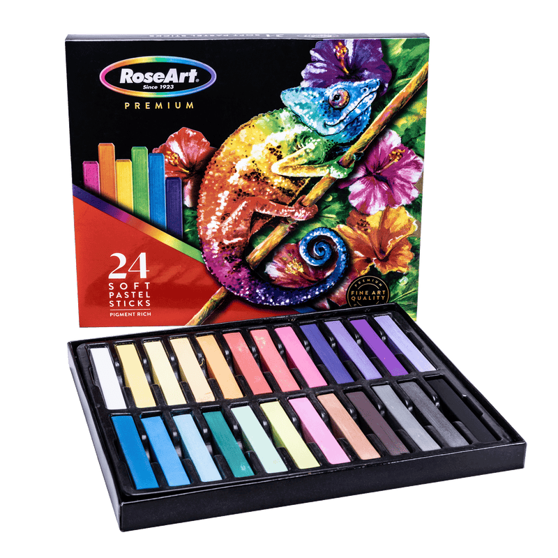 A box of RoseArt 24 ct Premium Soft Pastel Sticks, containing 24 different colors arranged in a tray. The box features a colorful chameleon design and includes the text "Pigment Rich" on the front.