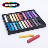 A box of colorful RoseArt 24 ct Premium Soft Pastel Sticks arranged in rows with three sticks resting outside. The brand logo "RoseArt" is displayed in the top left corner.