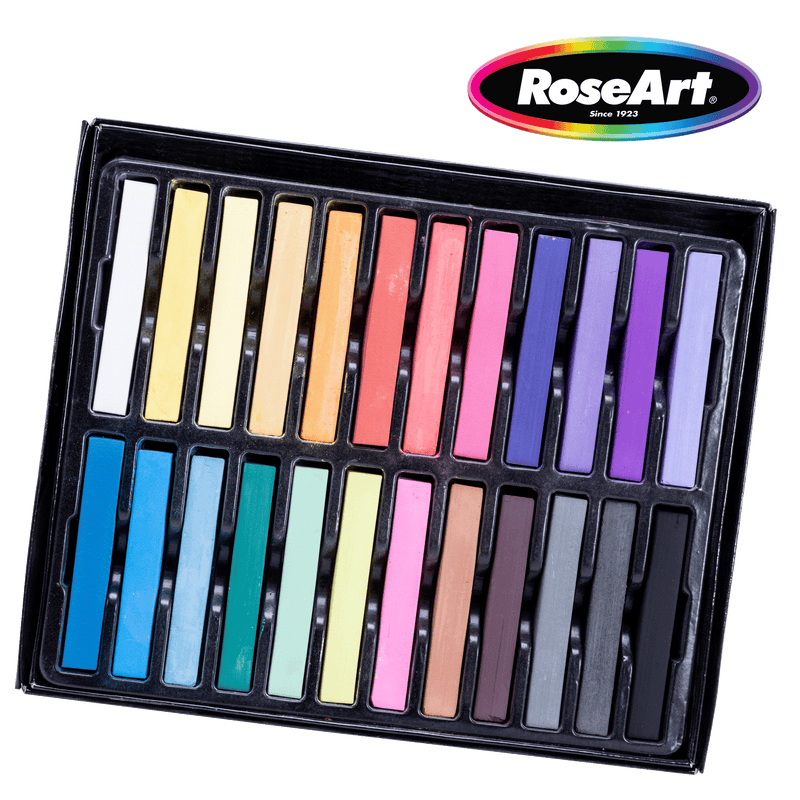 Box of RoseArt 24 ct Premium Soft Pastel Sticks, displaying a variety of colors organized in rows. RoseArt logo is visible in the upper right corner of the image.