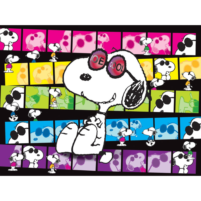 An illustration of Snoopy, wearing sunglasses labeled "JOE COOL," is centered. Background features a collage of colorful panels with various Snoopy poses. RoseArt - PEANUTS - Joe Cool - 300 Piece Jigsaw Puzzle.