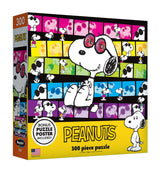 A 300-piece RoseArt - PEANUTS - Joe Cool - 300 Piece Jigsaw Puzzle featuring colorful, multi-frame images of Snoopy, with a bonus puzzle poster included. Box predominantly yellow with a black and colorful mosaic background.