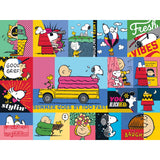 A colorful collage featuring Snoopy, Woodstock, and other Peanuts characters in various summer activities and expressions, each panel with text captions like "Good Grief!" and "Stylin'," the RoseArt - PEANUTS - Peanuts Vibes - 300 Piece Jigsaw Puzzle.