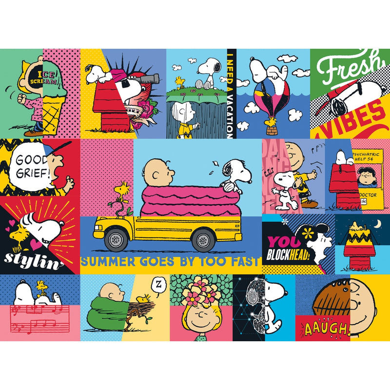 A colorful collage featuring Snoopy, Woodstock, and other Peanuts characters in various summer activities and expressions, each panel with text captions like "Good Grief!" and "Stylin'," the RoseArt - PEANUTS - Peanuts Vibes - 300 Piece Jigsaw Puzzle.