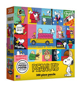 A RoseArt - PEANUTS - Peanuts Vibes - 300 Piece Jigsaw Puzzle featuring various Peanuts comic strip scenes and characters in a colorful collage. The box also includes a bonus puzzle poster.