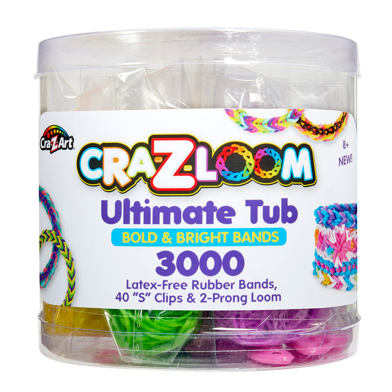 A plastic container labeled "Cra-Z-Loom Ultimate Rubber Band Loom" holding 3000 latex-free rubber bands, 40 "S" clips, and a 2-prong loom. The label indicates that it contains bold and bright bands.