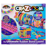 A Cra-Z-Loom Ultimate Rubber Band Loom kit box featuring neon rubber bands and tools for making bracelets. Includes loom, hook, other accessories, and materials to create 24 bracelets. Suitable for ages 8 and up.