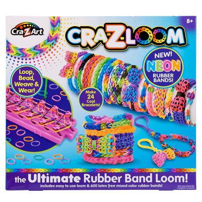 A Cra-Z-Loom Ultimate Rubber Band Loom kit box featuring neon rubber bands and tools for making bracelets. Includes loom, hook, other accessories, and materials to create 24 bracelets. Suitable for ages 8 and up.