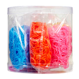 A clear container holding individually wrapped sections of colorful rubber bands in blue, orange, and pink Cra-Z-Loom Ultimate Rubber Band Loom.