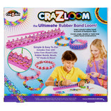 Image of Cra-Z-Loom Ultimate Rubber Band Loom packaging, featuring children creating rubber band bracelets and accessories. Includes loom, over 600 latex-free bands, beads, "S" hooks, and a weaving hook.