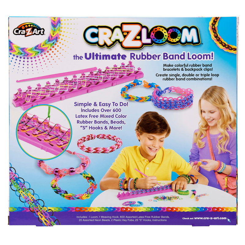 Image of Cra-Z-Loom Ultimate Rubber Band Loom packaging, featuring children creating rubber band bracelets and accessories. Includes loom, over 600 latex-free bands, beads, "S" hooks, and a weaving hook.