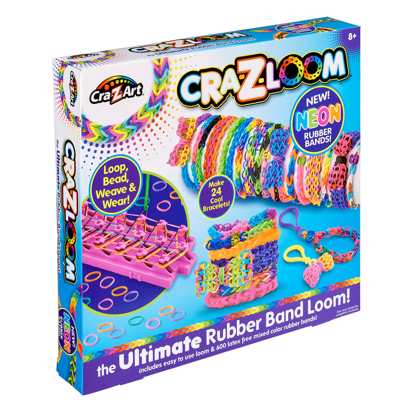 A Cra-Z-Loom Ultimate Rubber Band Loom kit for making rubber band bracelets is shown. The box displays images of colorful bracelets, a loom, and the text: “The Ultimate Rubber Band Loom! Includes 600 rubber bands.”