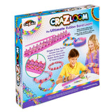 A box labeled "Cra-Z-Loom Ultimate Rubber Band Loom" shows children making colorful rubber band bracelets and includes images of the loom, bands, hooks, and finished bracelets.