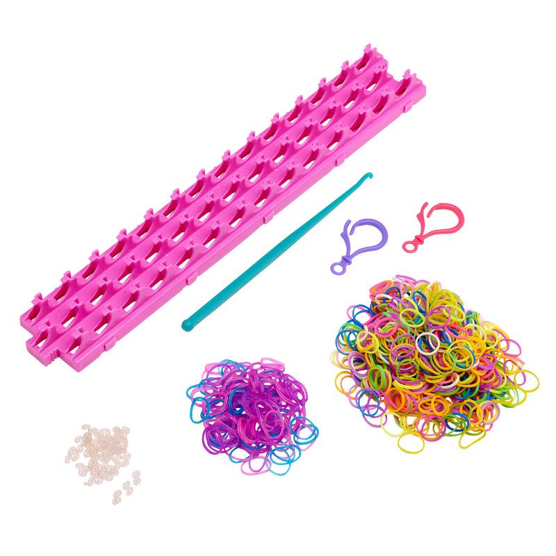 Cra-Z-Loom Ultimate Rubber Band Loom with a pink loom tool, a blue hook, multicolored rubber bands, purple and pink clips, and small clear plastic connectors.