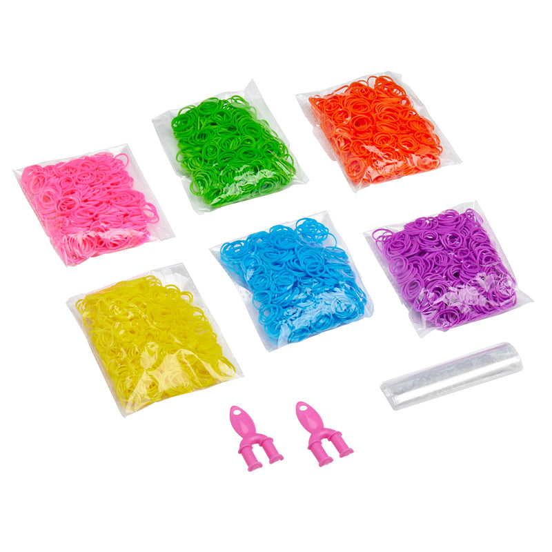 Seven packets of Cra-Z-Loom Ultimate Rubber Band Loom in pink, green, orange, purple, yellow, and blue, along with two pink hooks and a clear plastic piece on a white background.