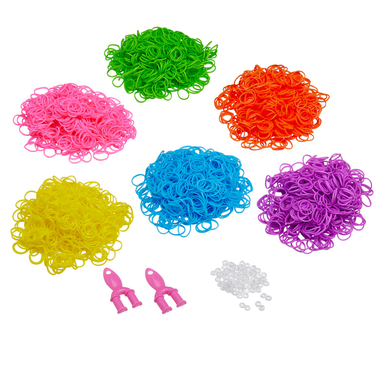 Colorful assortments of small elastic bands in green, pink, yellow, blue, orange, and purple piles, along with white beads and two pink plastic hooks from the Cra-Z-Loom Ultimate Rubber Band Loom collection are displayed on a white background.