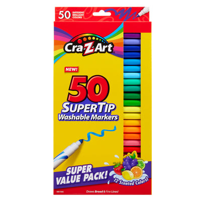 A box of Cra-Z-Art Supertip Marker 50 Count in assorted colors, featuring a "Super Value Pack" label and images of markers and colorful designs on the packaging.
