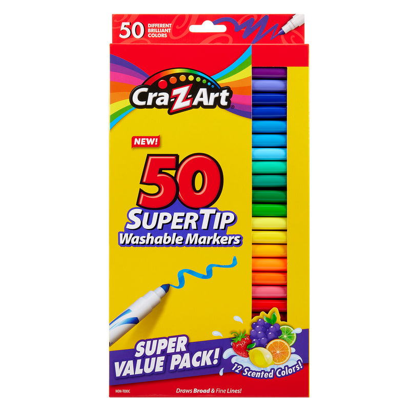 A box of Cra-Z-Art Supertip Marker 50 Count in assorted colors, featuring a "Super Value Pack" label and images of markers and colorful designs on the packaging.