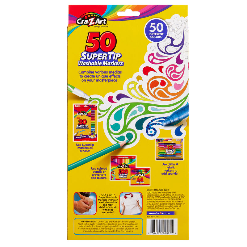 Back of a Cra-Z-Art Supertip Marker 50 Count box, showing colorful marker designs, product features, and additional product images.