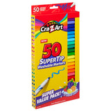 A box of Cra-Z-Art Supertip Marker 50 Count containing 50 different brilliant colors, including 22 scented colors. The package promotes a super value pack with both broad and fine lines.