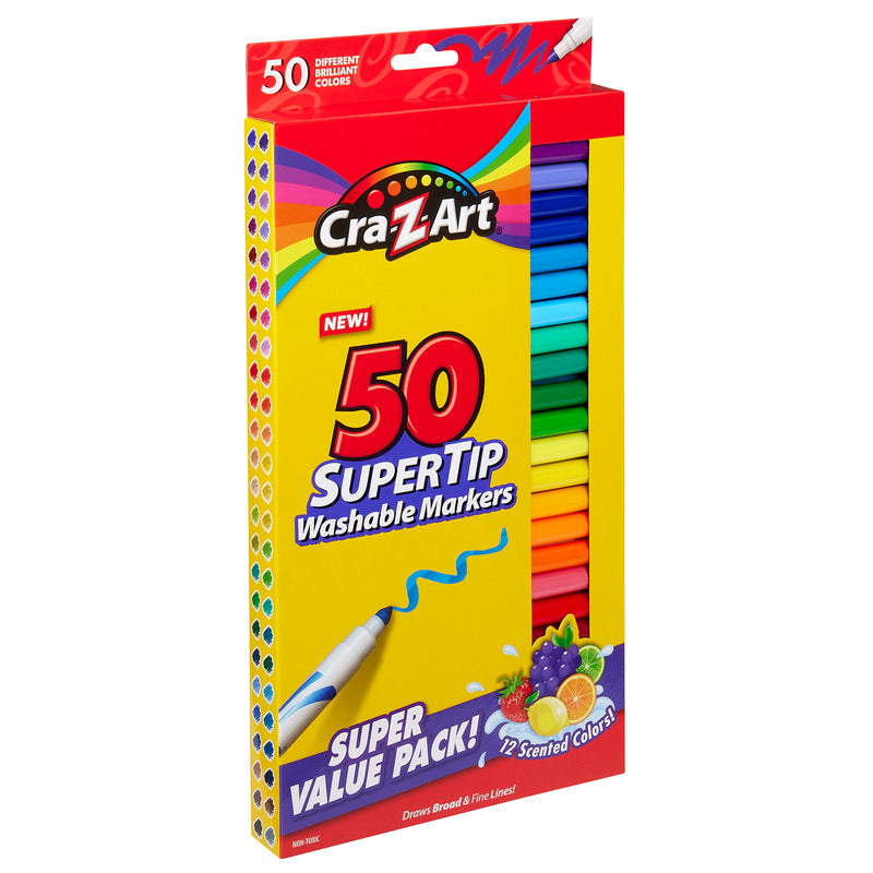 A box of Cra-Z-Art Supertip Marker 50 Count containing 50 different brilliant colors, including 22 scented colors. The package promotes a super value pack with both broad and fine lines.