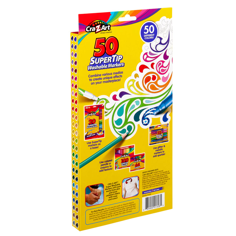 Packaging of Cra-Z-Art Supertip Marker 50 Count showing colorful swirls, marker images, and product instructions. Includes a label indicating 50 different colors and a washable feature.