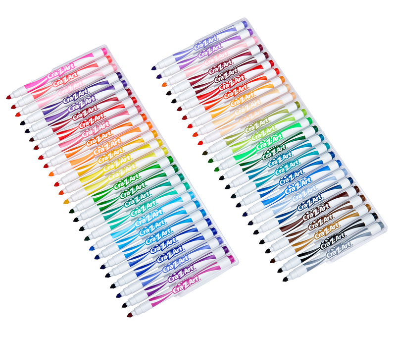 Two rows of Cra-Z-Art Supertip Marker 50 Count arranged in spectrum order from various shades of pink to purple, yellow, green, blue, and black. Each marker has a white body and a colored cap that matches the ink color.