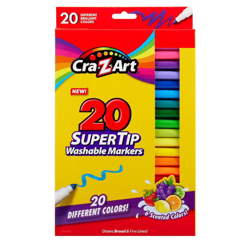 Package of Cra-Z-Art Supertip Marker 20 Count in 20 different colors, including 6 scented options. The box features multicolored markers displayed vertically on the right side.