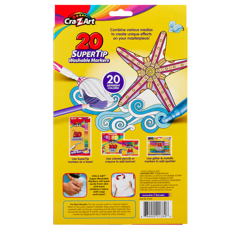 Back of a Cra-Z-Art Supertip Marker 20 Count pack showing a starfish drawing, usage instructions, and additional products.