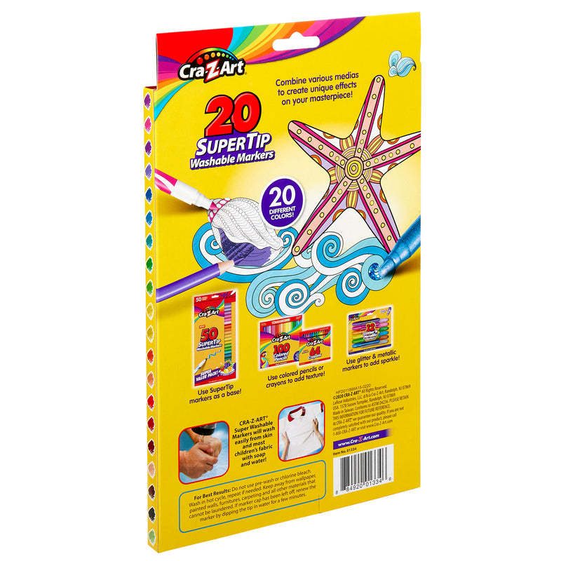 A yellow box of Cra-Z-Art Supertip Marker 20 Count with twenty markers. The back shows a starfish drawing and features promoting the assorted bright colors and washable nature.