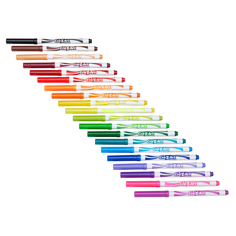 A set of 20 colorful Cra-Z-Art Supertip Markers arranged in a stepped pattern, with each marker featuring a white body and its corresponding color on the cap and tip end.