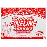Image of a Cra-Z-Art FineTip Washable Marker. Classroom Packs 4 packs of 10 Count, containing 40 markers in 40 assorted colors, as indicated on the red and white packaging.