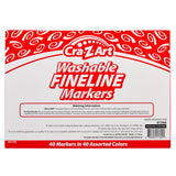 Packaging of Cra-Z-Art FineTip Washable Marker. Classroom Packs 4 packs of 10 Count displaying product information and washing instructions. The pack contains 40 markers in 40 assorted colors.
