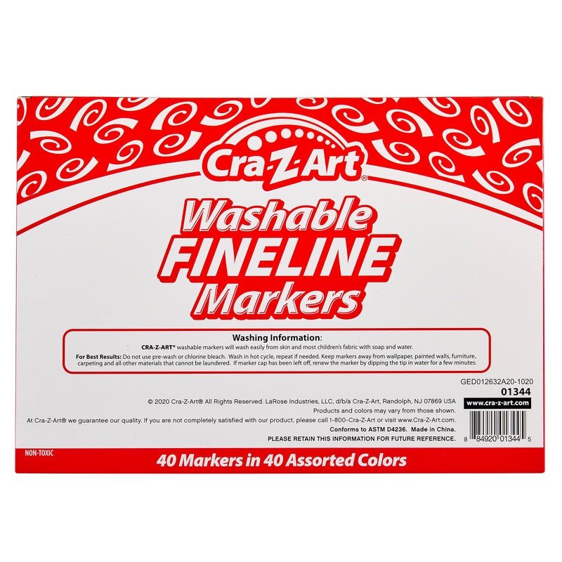 Packaging of Cra-Z-Art FineTip Washable Marker. Classroom Packs 4 packs of 10 Count displaying product information and washing instructions. The pack contains 40 markers in 40 assorted colors.