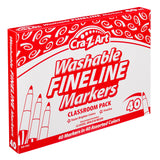 A red and white box labeled "Cra-Z-Art FineTip Washable Marker. Classroom Packs 4 packs of 10 Count" containing 40 markers in assorted colors. The box mentions "Super Brighter Colors" and "CLASSIC, BOLD & NEON".