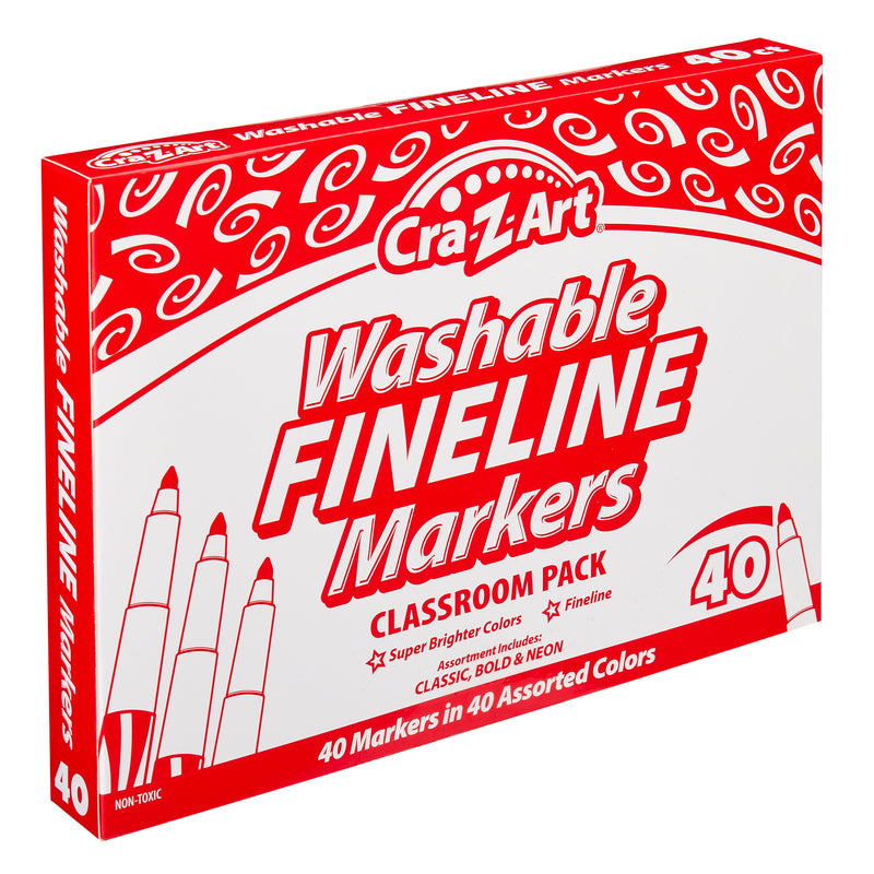 A red and white box labeled "Cra-Z-Art FineTip Washable Marker. Classroom Packs 4 packs of 10 Count" containing 40 markers in assorted colors. The box mentions "Super Brighter Colors" and "CLASSIC, BOLD & NEON".