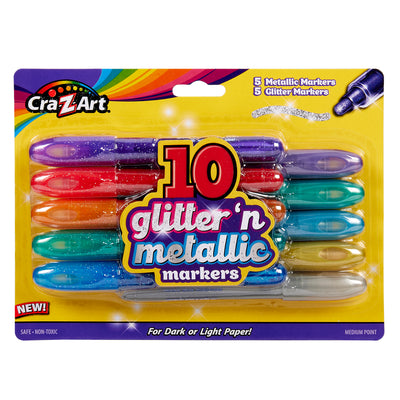 A packaging of Cra-Z-Art 10 Count Glitter and Metallic Markers: Sparkle Your Creativity! with five metallic markers and five glitter markers, suitable for dark or light paper, displayed in an assortment of colors.