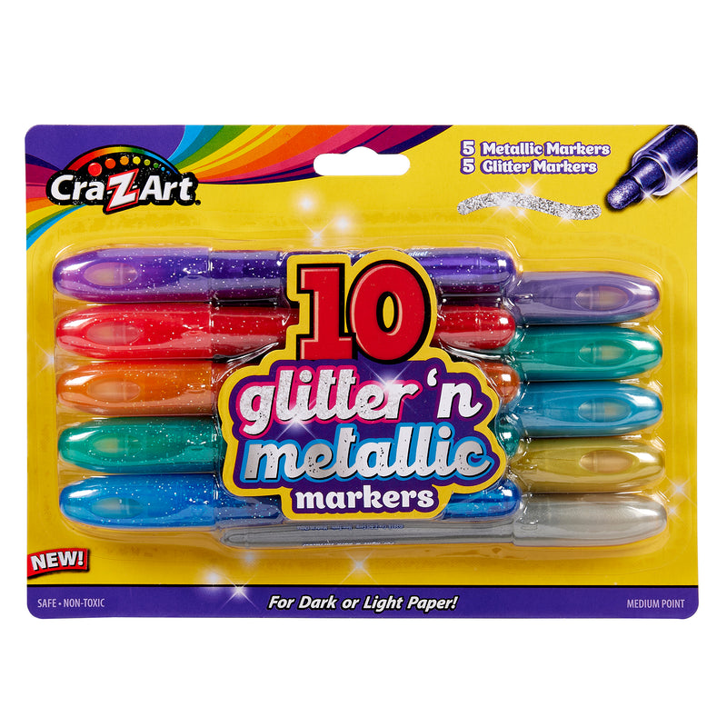 A packaging of Cra-Z-Art 10 Count Glitter and Metallic Markers: Sparkle Your Creativity! with five metallic markers and five glitter markers, suitable for dark or light paper, displayed in an assortment of colors.