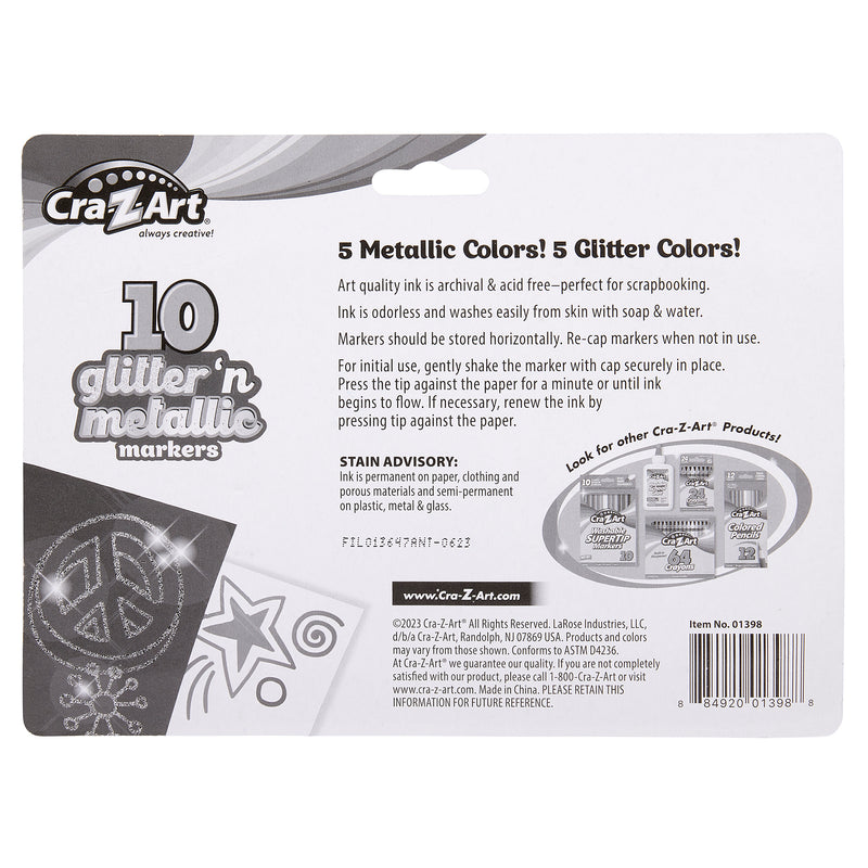 Back packaging of Cra-Z-Art 10 Count Glitter and Metallic Markers: Sparkle Your Creativity! showing product details, stain advisory, and usage instructions. Features illustrations of the markers' effects on drawings.