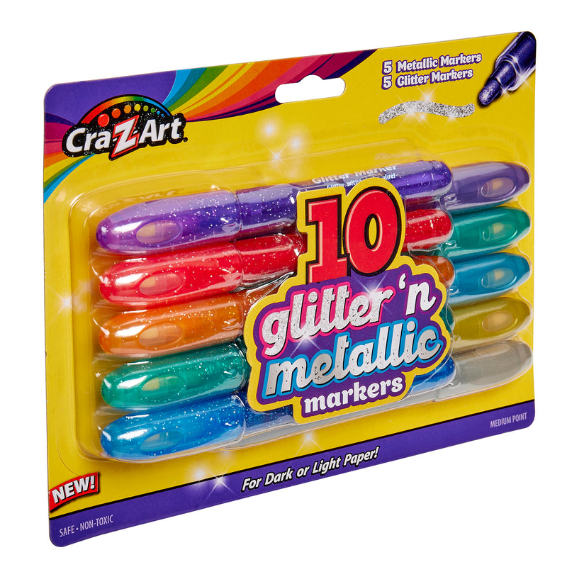 Package of Cra-Z-Art 10 Count Glitter and Metallic Markers: Sparkle Your Creativity! in assorted colors, advertised as suitable for dark or light paper. The package includes 5 metallic markers and 5 glitter markers.