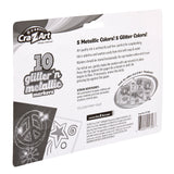 Back of a Cra-Z-Art 10 Count Glitter and Metallic Markers: Sparkle Your Creativity! package showing product details, including 10 marker colors, archival ink quality, horizontal storage tips, and a stain advisory warning.