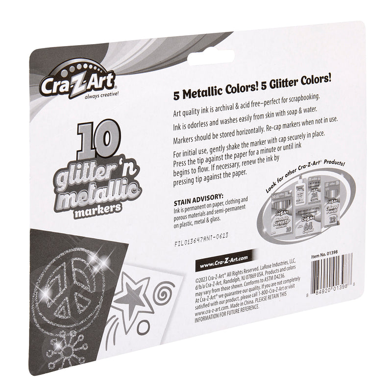 Back of a Cra-Z-Art 10 Count Glitter and Metallic Markers: Sparkle Your Creativity! package showing product details, including 10 marker colors, archival ink quality, horizontal storage tips, and a stain advisory warning.