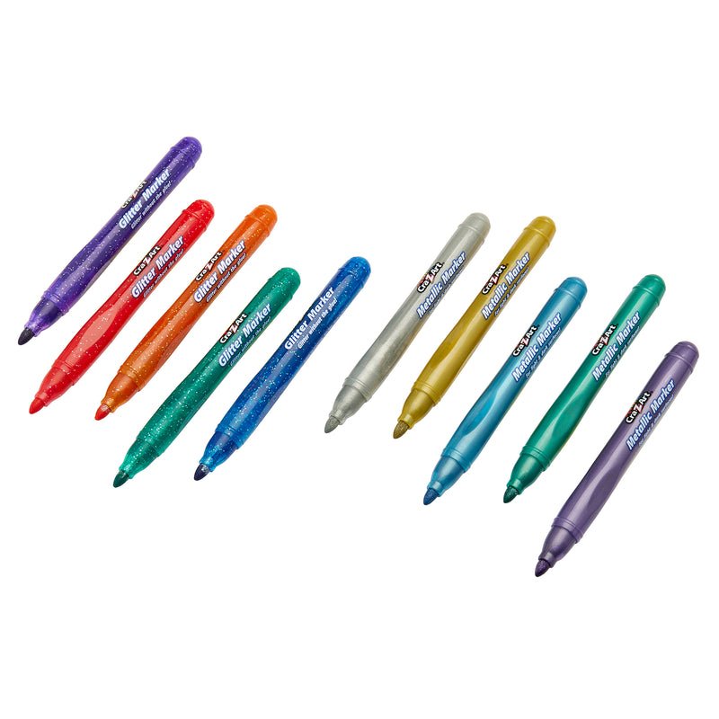 A set of ten glitter markers in various colors including red, orange, green, blue, and purple, all with white text reading "Cra-Z-Art 10 Count Glitter and Metallic Markers: Sparkle Your Creativity!" on the side.
