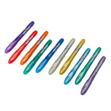 A set of Cra-Z-Art 10 Count Glitter and Metallic Markers: Sparkle Your Creativity! in purple, blue, green, orange, gray, yellow, and lilac, arranged in two neat rows.