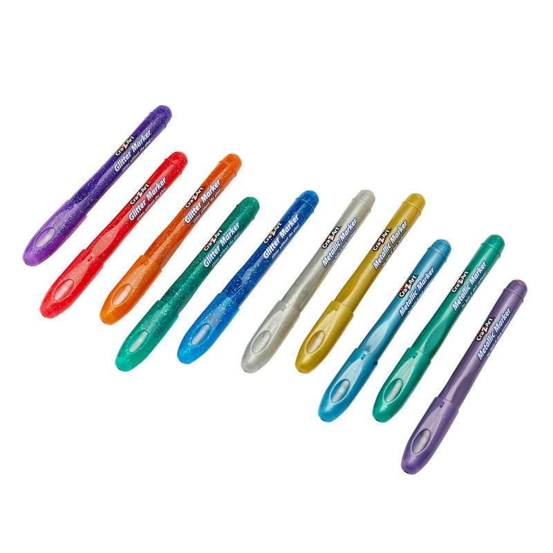 A set of Cra-Z-Art 10 Count Glitter and Metallic Markers: Sparkle Your Creativity! in purple, blue, green, orange, gray, yellow, and lilac, arranged in two neat rows.