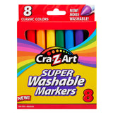 A box of Cra-Z-Art Broadline Markers Washable-Classic 8 Count. The packaging displays eight classic colors with the text "New! More Washable!" The markers are non-toxic and broadline.